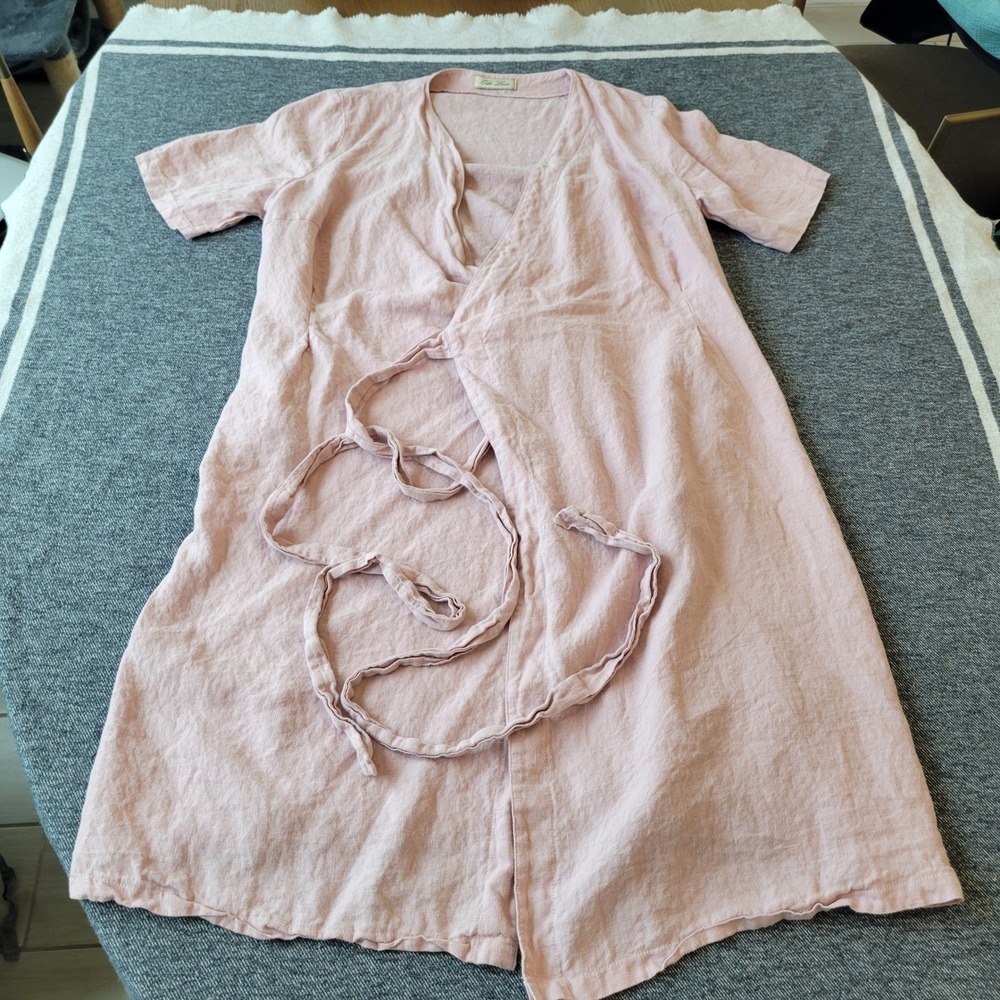 Oda Lux Pink 100% Linen Wrap Dress Short Sleeve Pockets IT 48 US Large XL